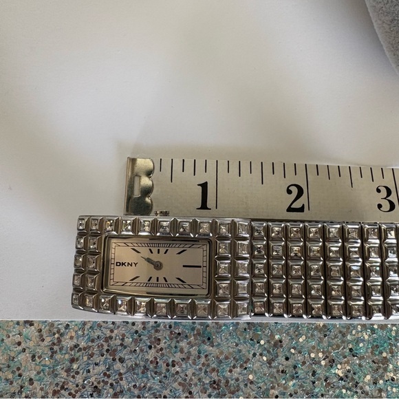 DKNY Silver Tone Stainless Steel Stretch Bracelet Watch with Crystal Accents